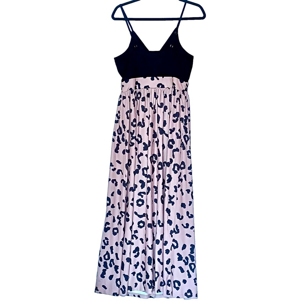 Newshows Women’s M Black/Beige Maxi Dress Crossed Overlay, Split-Front Leopard - Picture 2 of 11